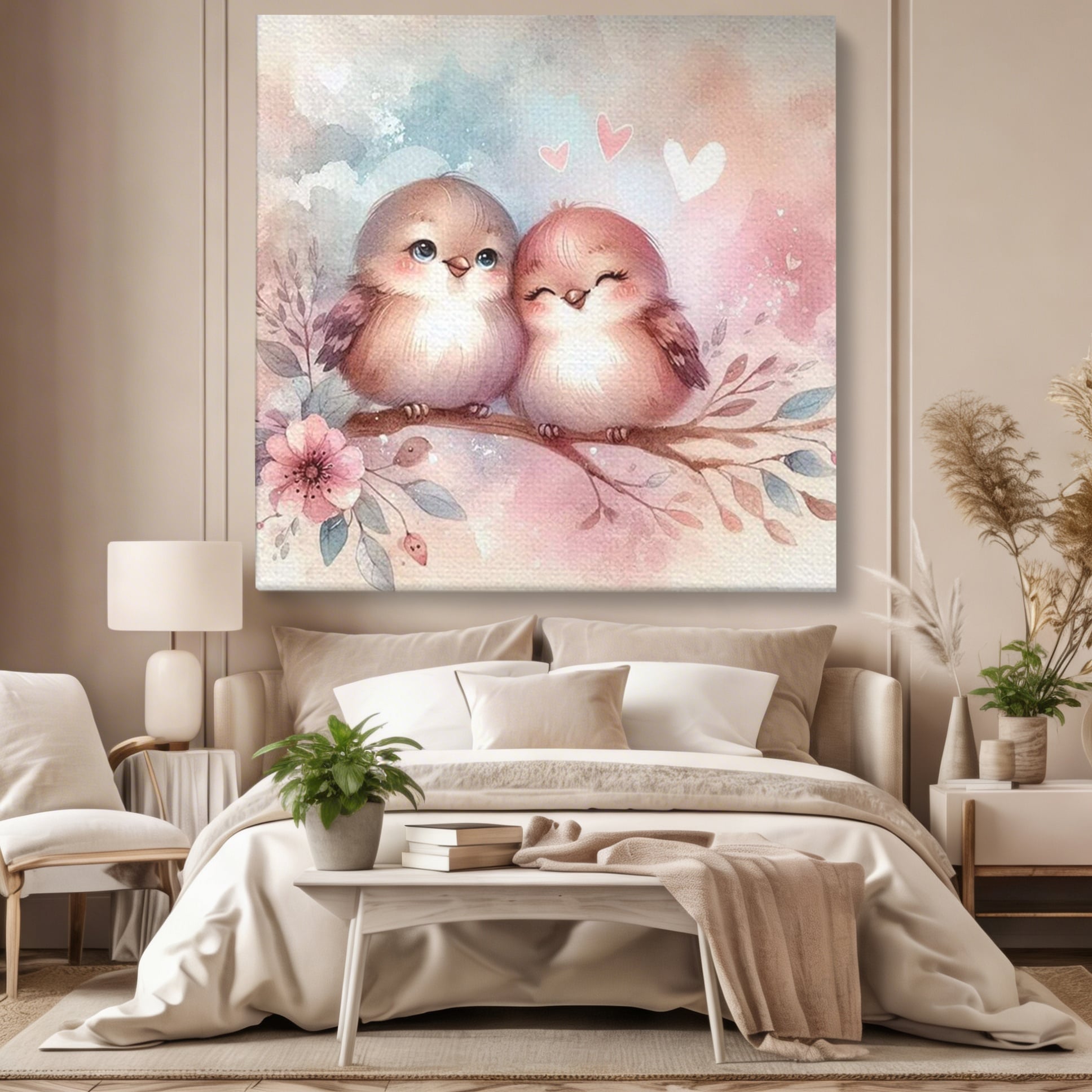 Tablou canvas cu tablou canvas cu pasarele si inimioare, fara rama, pe sasiu de lemn, pe perete intr-un dormitor